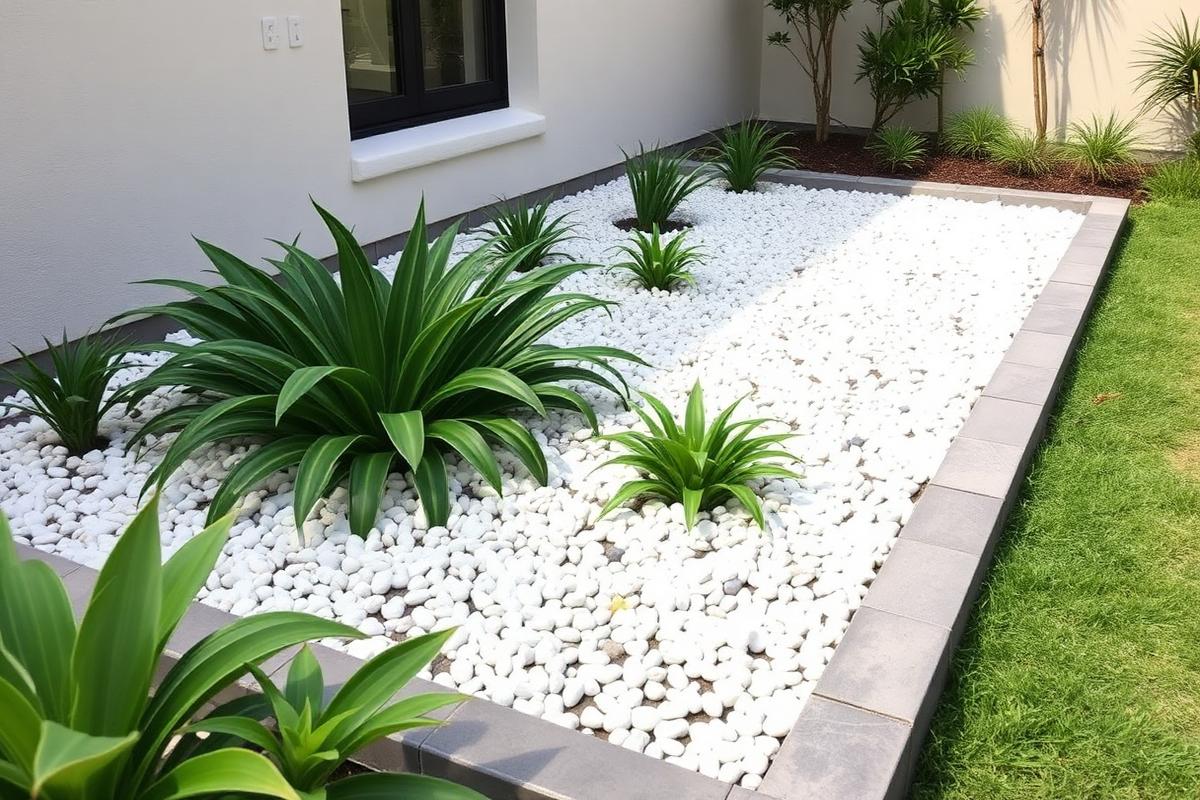 White decorative pebbles laid around plants in a landscaped garden bed
