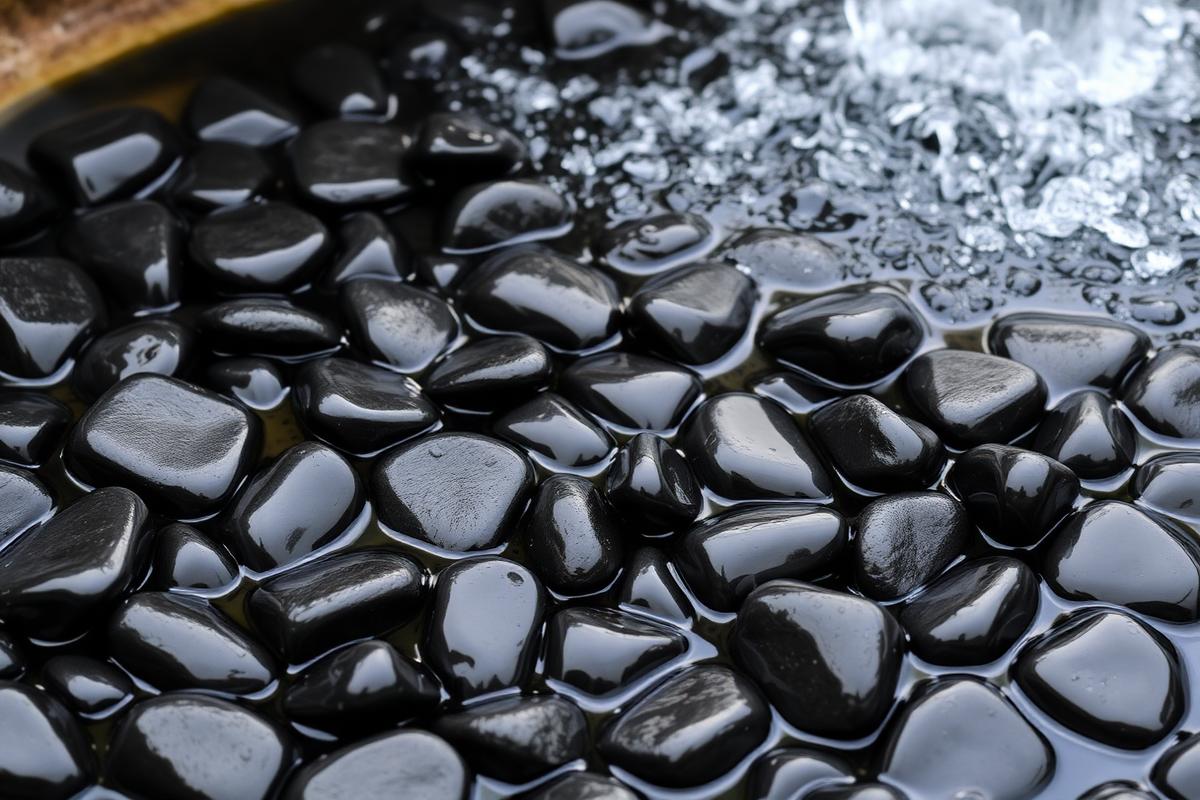 Glossy black polished pebbles in a garden water feature